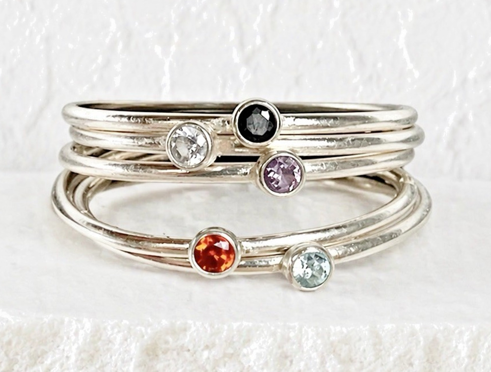 Sterling Silver Dainty Stacking Ring Set 5 PBirthstone Gemstone Minimalist